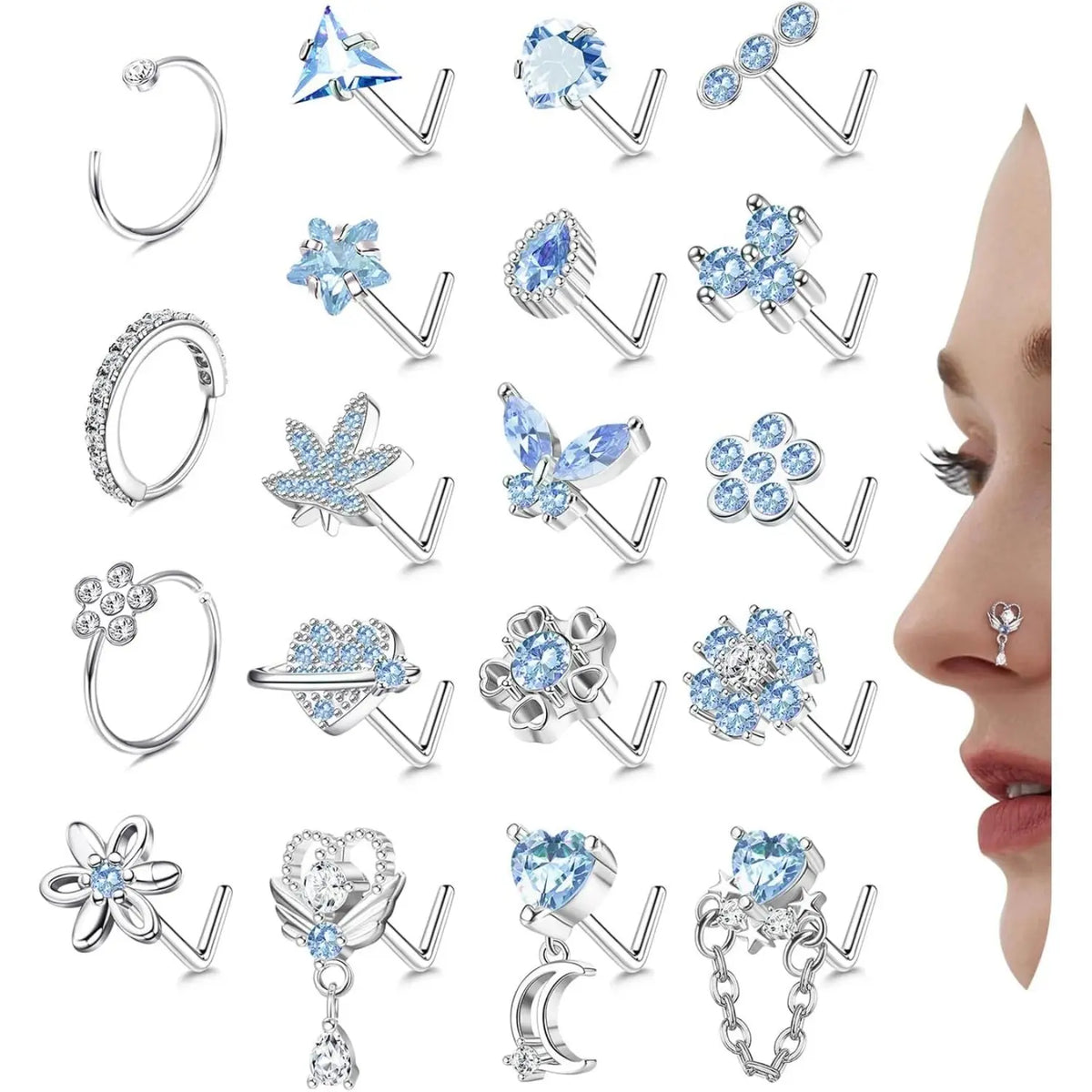 Women's 19-Pcs 20G (0.8mm) L-Shaped Hypoallergenic Nickel-Free Stainless Steel Nose Piercing Studs Set - Cubic Zirconia Butterfly, Heart, Flower Designs, Non-Tarnish Nose Ring Jewelry