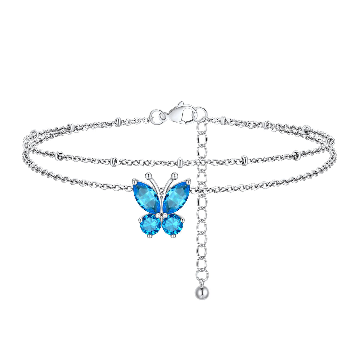 FindChic Women's Trendy Fashionable Accessories 2-Layered Non-Tarnish Tarnish-Proof Butterfly Birthstone Anklet, Zircon-Inlaid Cubic Zirconia Bling Jewellery for Adults, Summer Beach Daily Gift Ankle Bracelet
