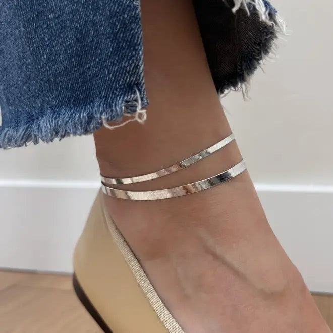 FREEKISS Gold Double Layer Snake Chain Anklet 3mm & 5mm Flat Chains Minimal Chic Ankle Bracelet for Summer Casual Wear outdoorfun Trendy Jewelry summerwins Fashion Chic Accessories Elegant Accessory