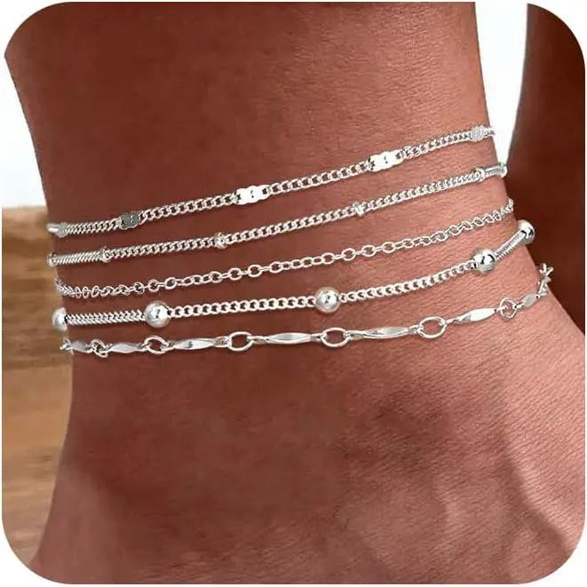 FREEKISS Waterproof Ankle Bracelets For Women 6PCS Thiny Herringbone Box Paperclip Bead Figaro Cuban Link Anklet Set Dainty Jewelry For Women Cute Summer Beach Jewelry Chains Beaded anklet Layers Textured