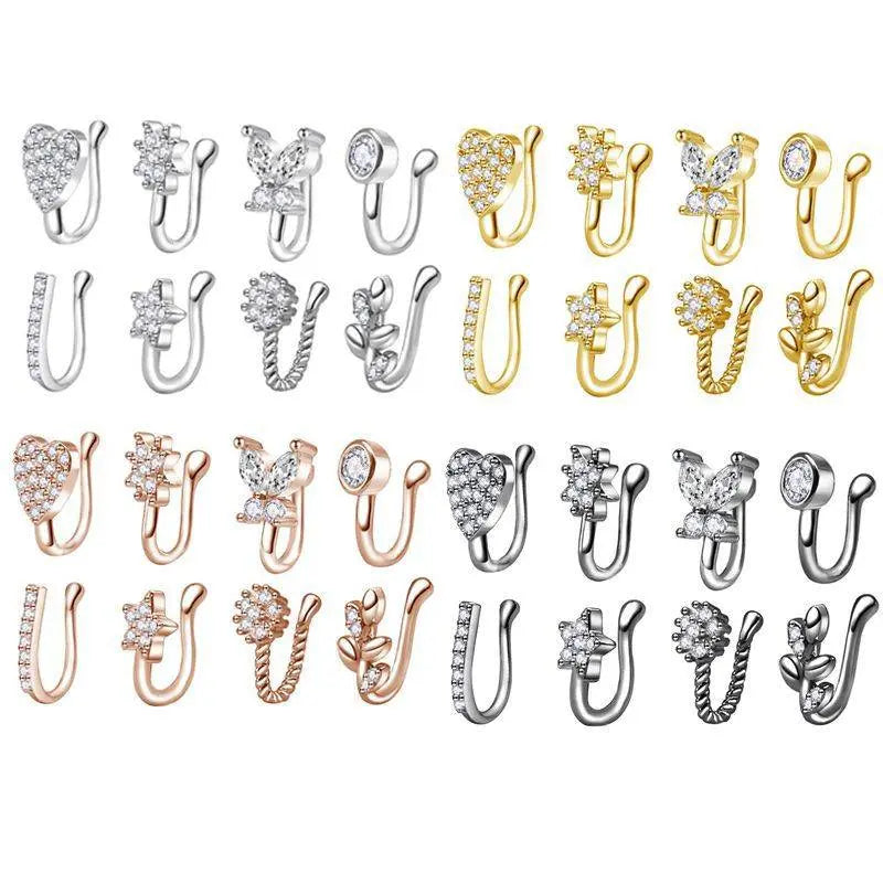Random 10pcs Nose Clip and Stud Set with Copper Synthetic Zirconia U-Shaped Heart Crown Butterfly Five-Pointed Star Nose Rings, Ideal for Party and Festival Celebrations