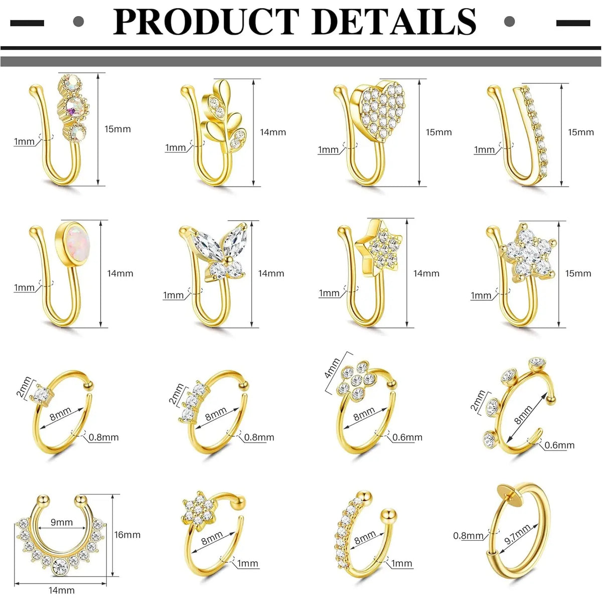 Adjustable Fake Piercings Set, 12-16Pcs Stainless Steel Non-Piercing Jewelry - Gold/Silver CZ Dangle Nose Cuffs, Hoop Clips for Women - Cartilage Tragus Nose Clips
