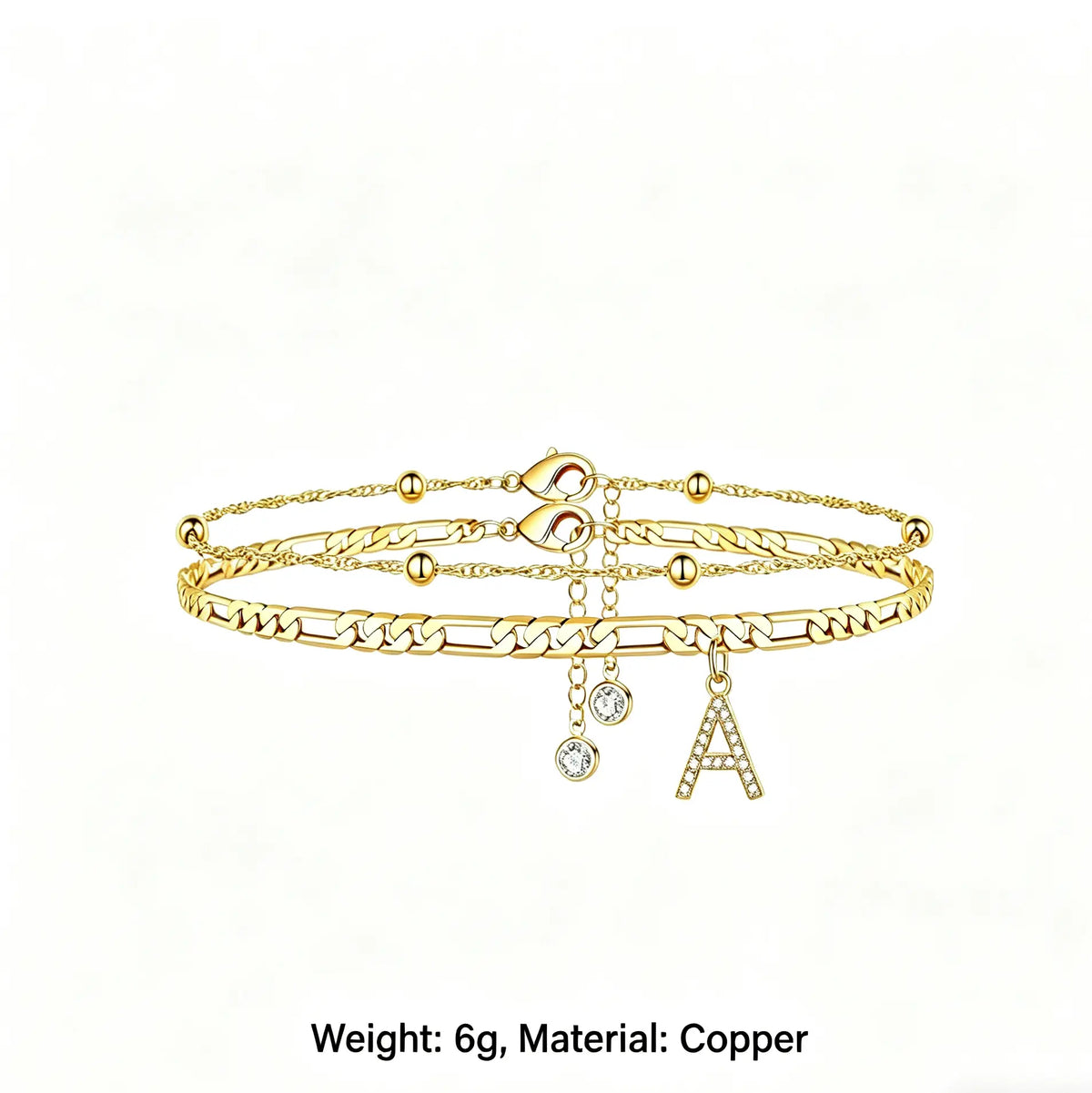 Zircon letter anklet with adjustable size, simple and fashionable, pearl Cuban double-layer anklet