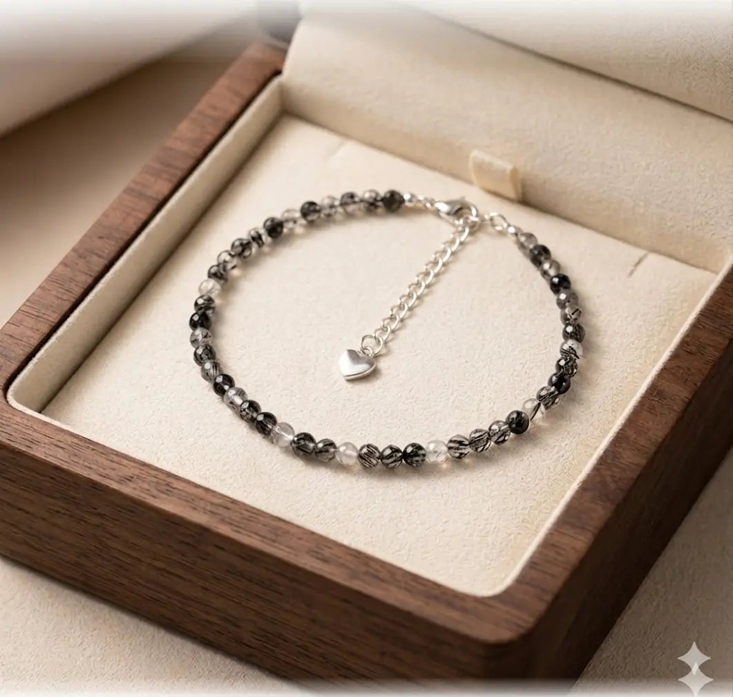 Female Minimalist Lightweight 2mm Streak Black Rutilated Quartz Beaded Boho Anklet - Adjustable Alloy Silver Chain Trendy Jewelry, Elegant Beachwear Accessory