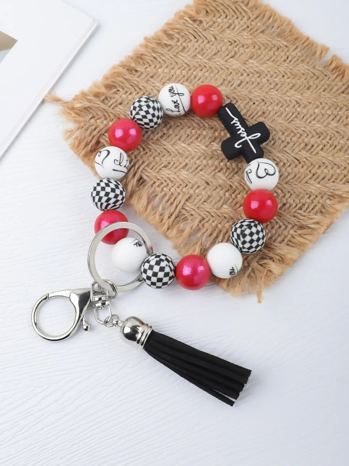 Macaron Cross Beaded Bracelet Keychain, Cute Keychains, Matching Tassel Pendant, Soft Beads Design, Perfect Gift for Friends and Mom, Easter and Thanksgiving Gifts