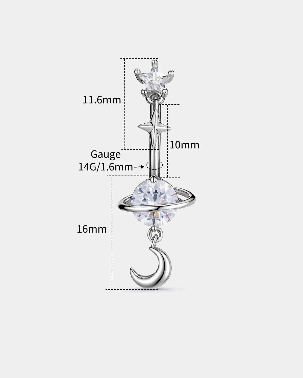 OUFER 14G Star & Moon Dangle CZ Belly Button Ring - Feminine Cosmic Navel Glow Stainless Steel Body Piercing Jewelry, Cute Piercing Accessory