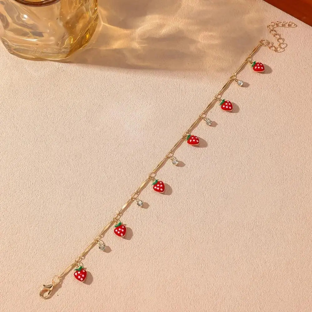 Women's Stainless Steel Bohemian Minimalist Chain Jewelry Anklet - Non-Customized Synthetic Strawberry Red Drip-Glaze Glass Pendant, Geometric Alloy Chain with Metal Coating, Casual Beach Vacation Gift