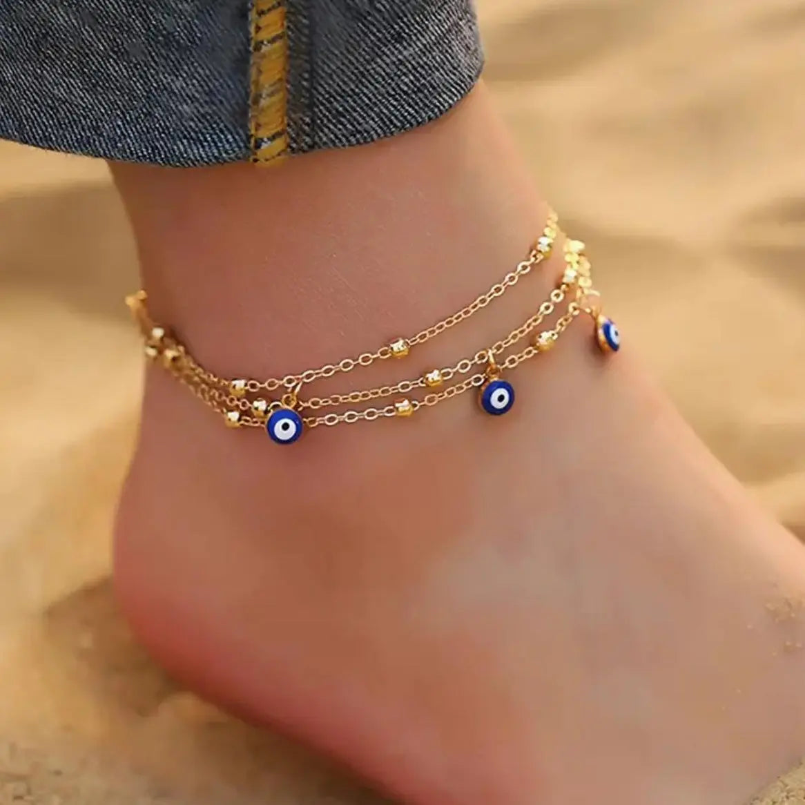3 Layered Anklet with Evil Eye Charms for Women