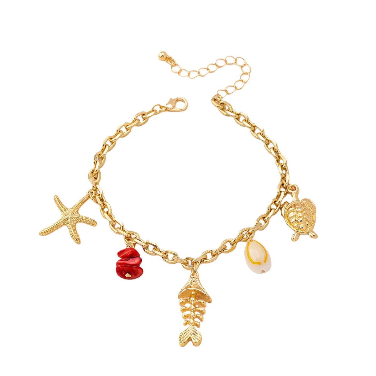 Nautical Alloy Chain Anklets - Simple Female Casual Costume Jewelry with Fishbone, Starfish, Shell Charms, Niche Design for Vacation Style (No Excessive Ornate Details)
