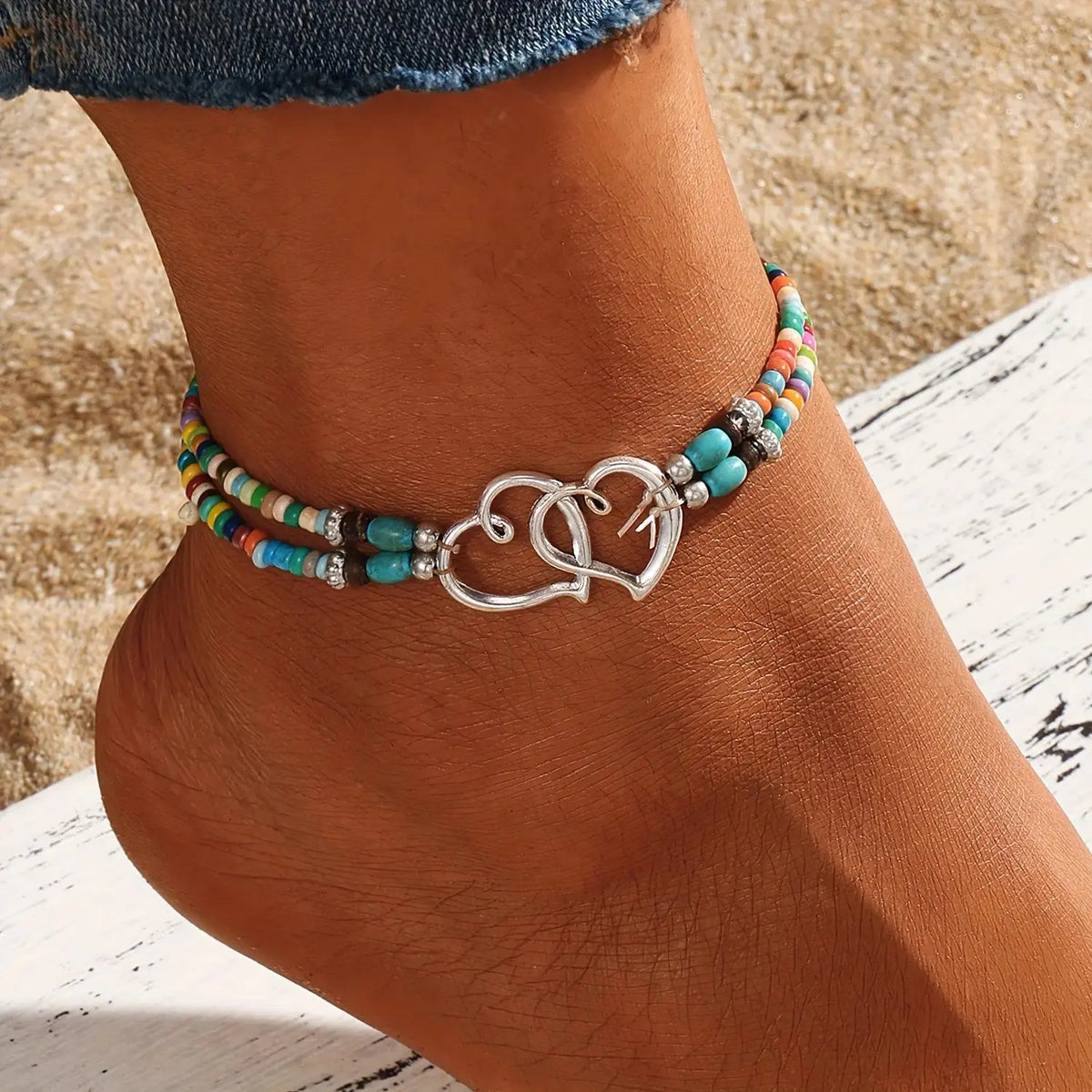 Women's 4-Pcs Multicolor Boho Chic Ankle Bracelet Set - Trendy Jewelry for Women, Shimmering Resin Beads, Hollow Hearts, Elastic Adjustable Bag Charm Accessory for Casual Beach Wear