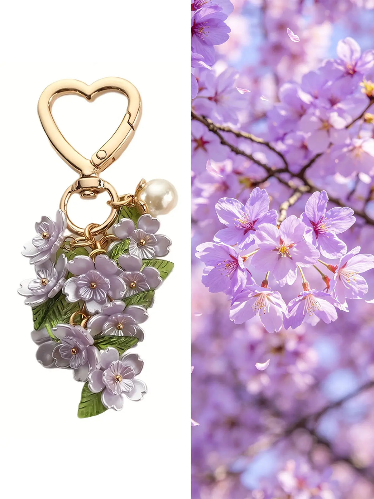 Romantic Heart-Shaped Cherry Keychain, Pink Enamel Cherry Blossom Pendant, Trendy Cute Keychain, Faux Pearl & Flower Clusters Bag Charm Keyring Accessory Valentine/Mother's Day, Aesthetic Keychain
