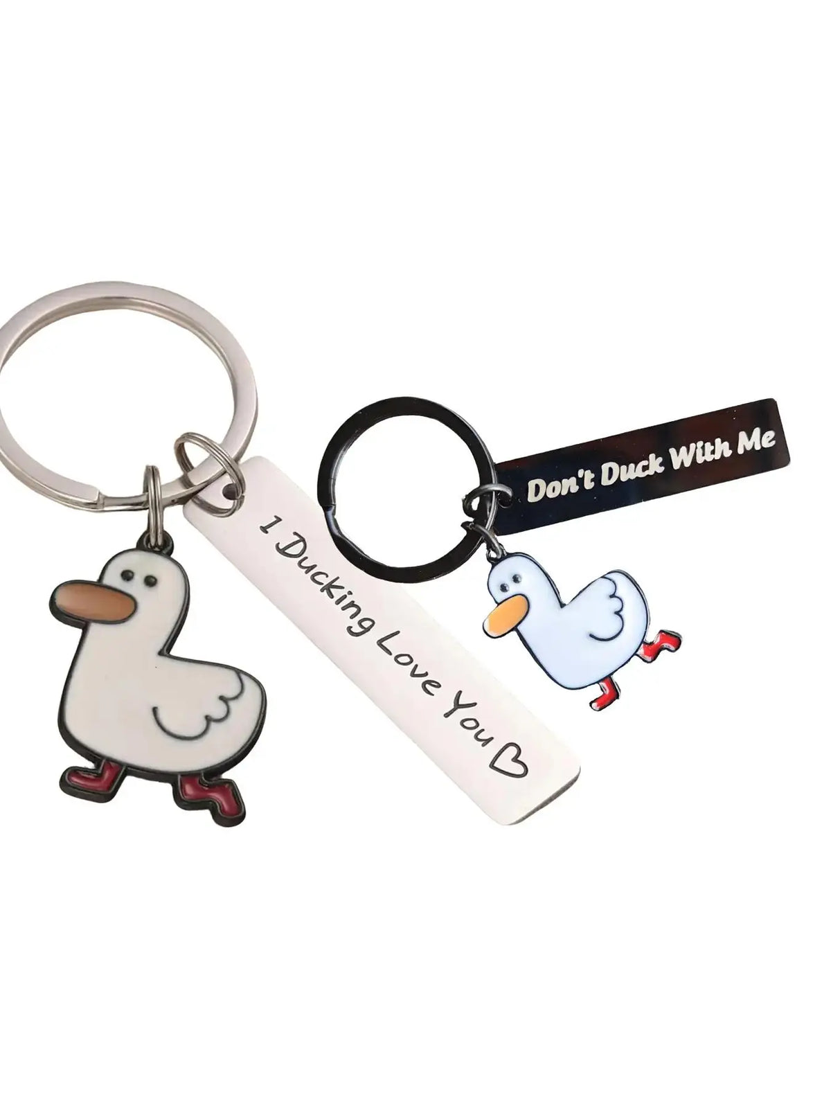 Cute Cartoon Duck Stainless Steel Keychain, Fashion Letter Engraving Slogan Metal Keychain, Backpack Messenger Bag Decoration, Cute Accessories, Couple Gifts, Creative Gifts, Cool Keychains