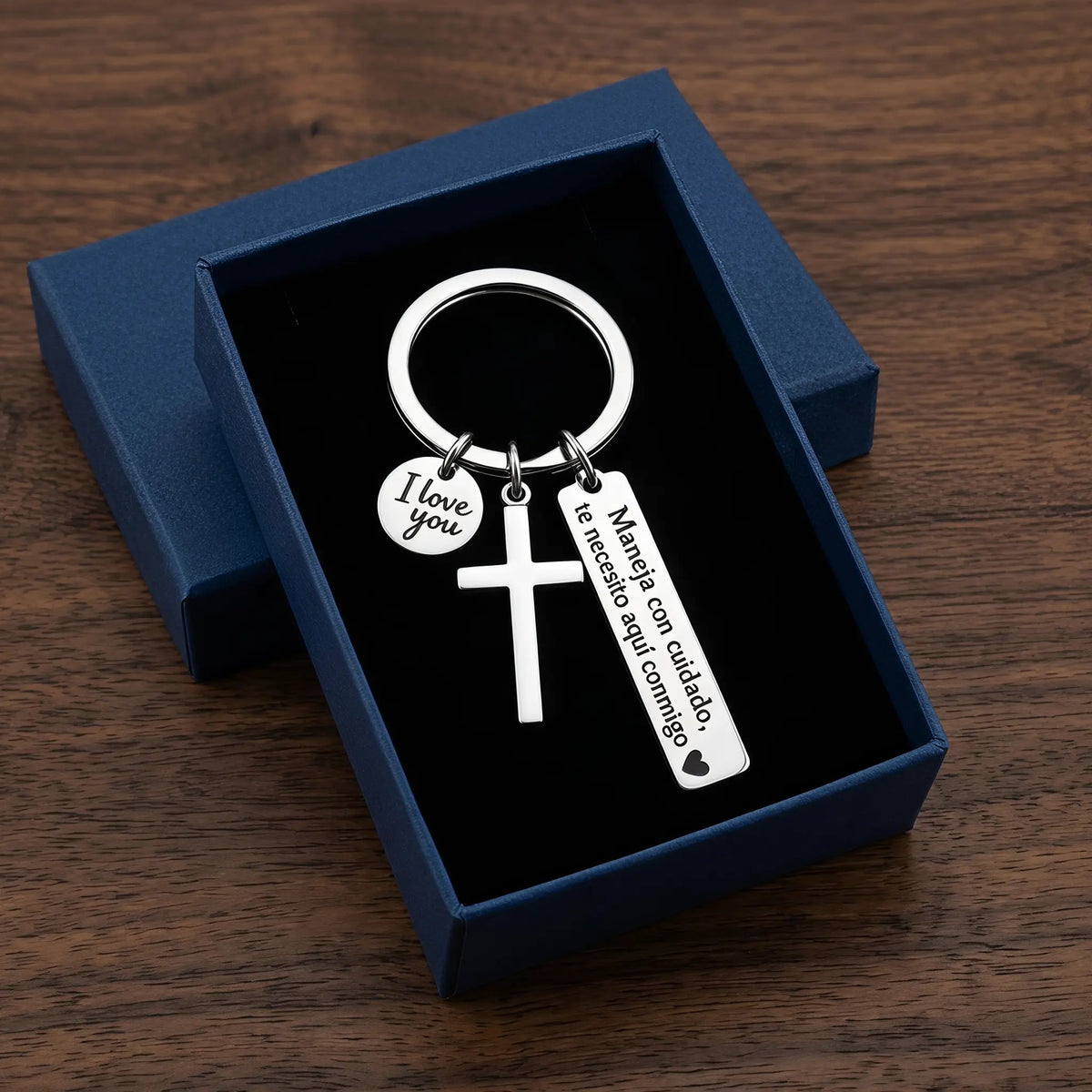 Maneja Con Cuidado Te Necesito Aquí Conmigo Keychain with Cross & "I Love You" Charm, Spanish Drive Safe Stainless Steel Keyring, Romantic Religious Gift for Him/Her Adjustable Heart Rate Couples Bracelet Set Rotating Retractable Reading Badge Holder-MM1