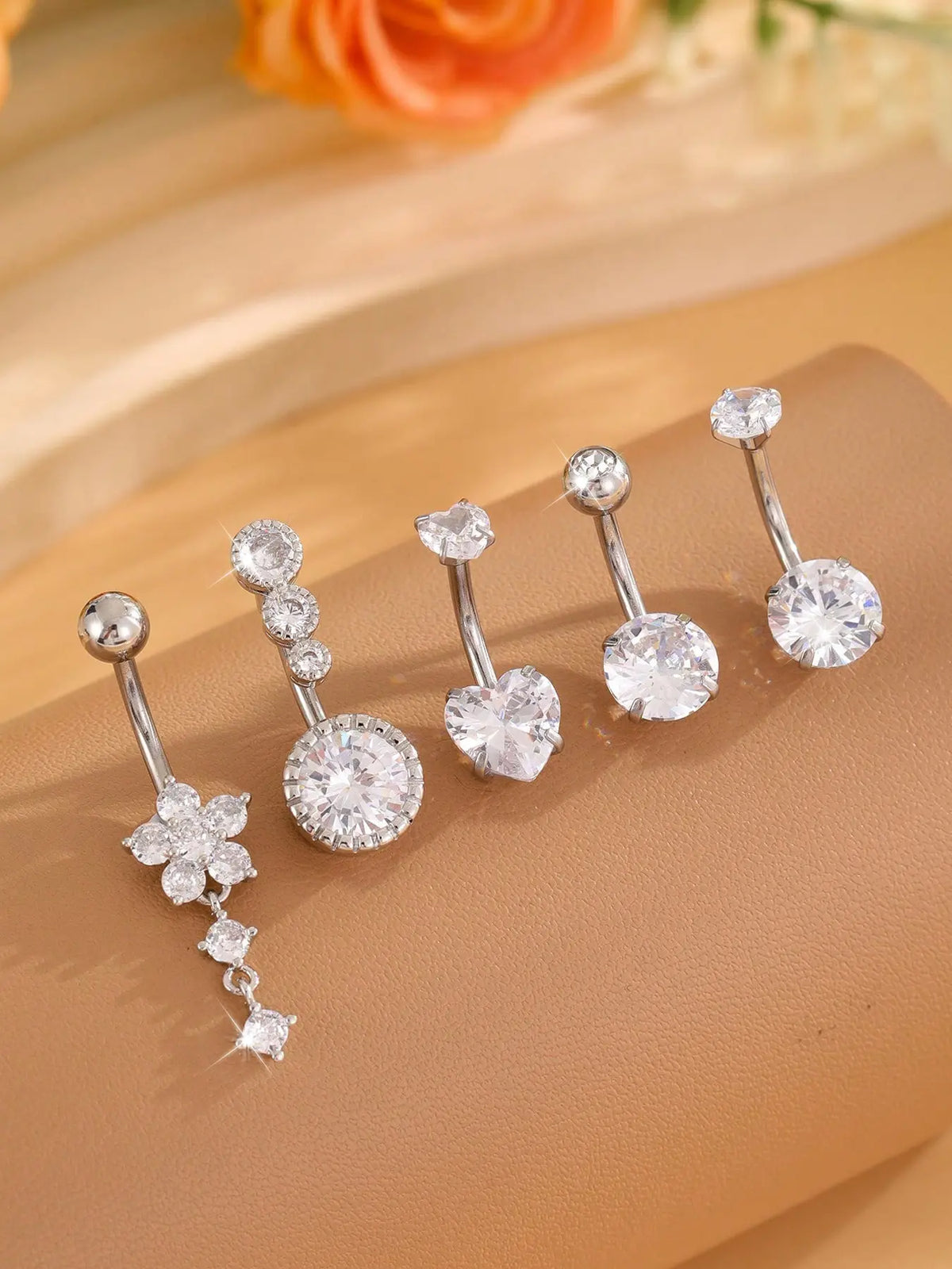 Women's Stainless Steel Belly Button Ring, Elegant Flower & Heart Design, 14g Navel Jewelry, Body Piercing Jewelry, 10mm Barbell Length, Daily Wear Accessory, Body Jewellery