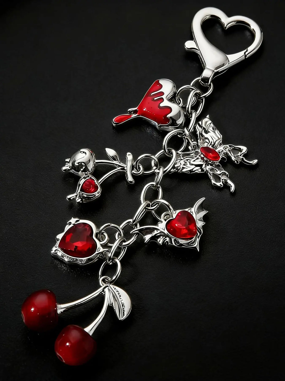 Retro punk style practical texture cherry bag hanging, cherry shape+heart-shaped wing decoration, chain design, heart-shaped buckle, can be used as bag hanging and keychain, exquisite and fashionable, Bag Charm Keychain, Bag Pendant, Bag Accessory