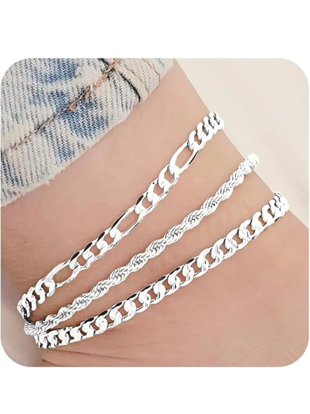 3-Piece Anklet Set: Flat Snake Chain, Fried Dough Twist Chain, and Twisted Chain — Stylish Beach & Vacation Foot Jewelry, Fashionable Jewelry for Women, Summer Jewelry, Fashion Accessories, Jewellery, Fashionable Accessory