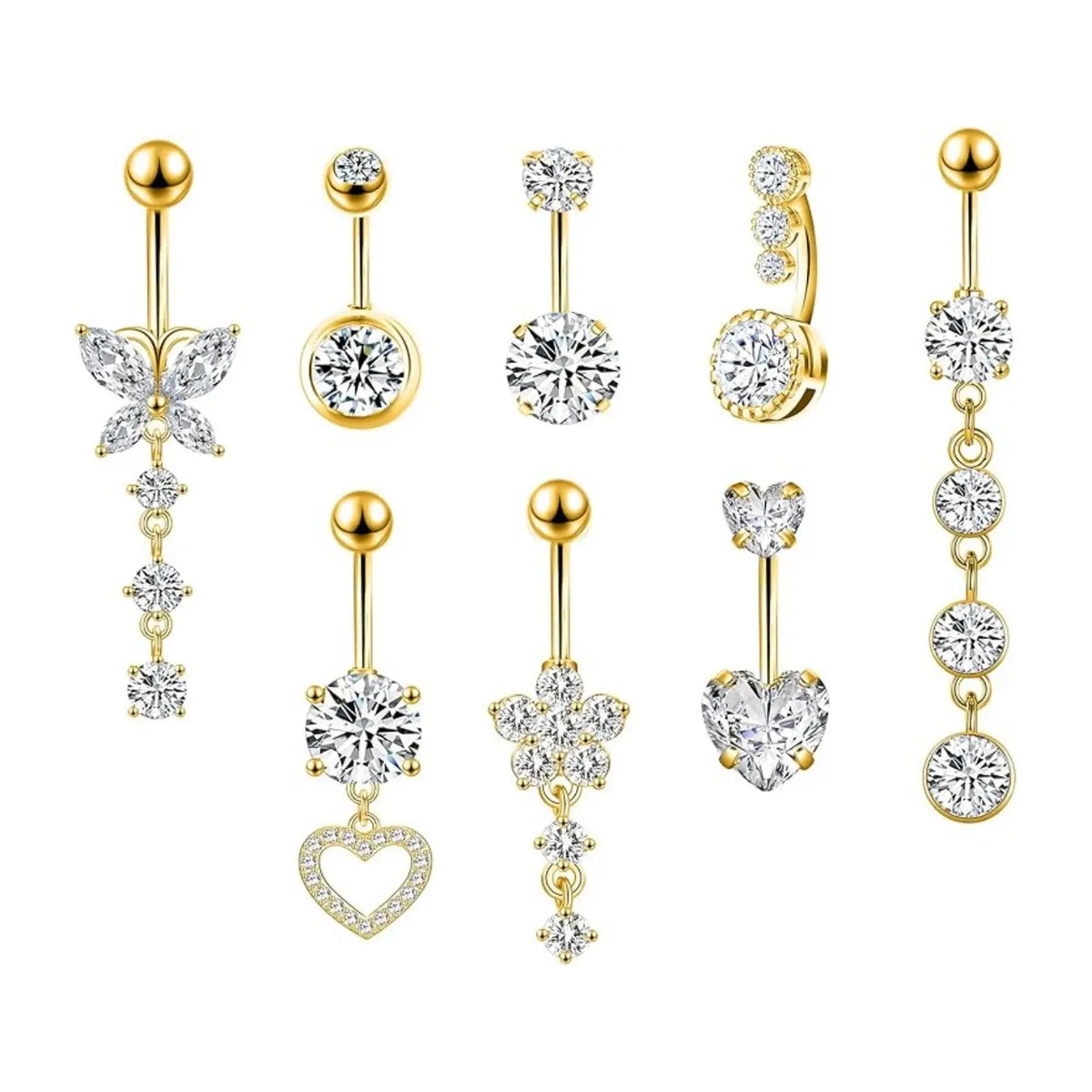Belly Button Rings 4/5/8-Piece Stainless Steel Dangle Set - 14g Heart Design, Easy Screw On, Multiple Styles Navel Piercing Accessories