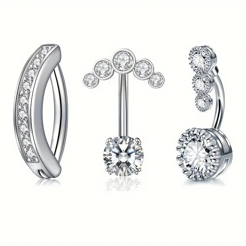 3PCS Stainless Steel Belly Button Rings Set Exquisite Shiny Synthetic Zirconia Inlay Women's Navel Pins Body Piercings Jewelry Fashion Party Accessory