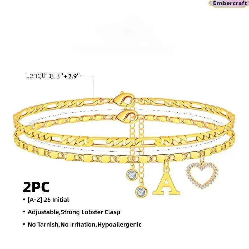 Women's Personalized Initial Alphabet Theme Anklet - Double Layer Gold Metal Coating Heart Charm, Adjustable Dainty Minimalist Stackable Chain, Aesthetic Alt Fashion Jewelry, Holiday Gift Idea, Fashion Accessories
