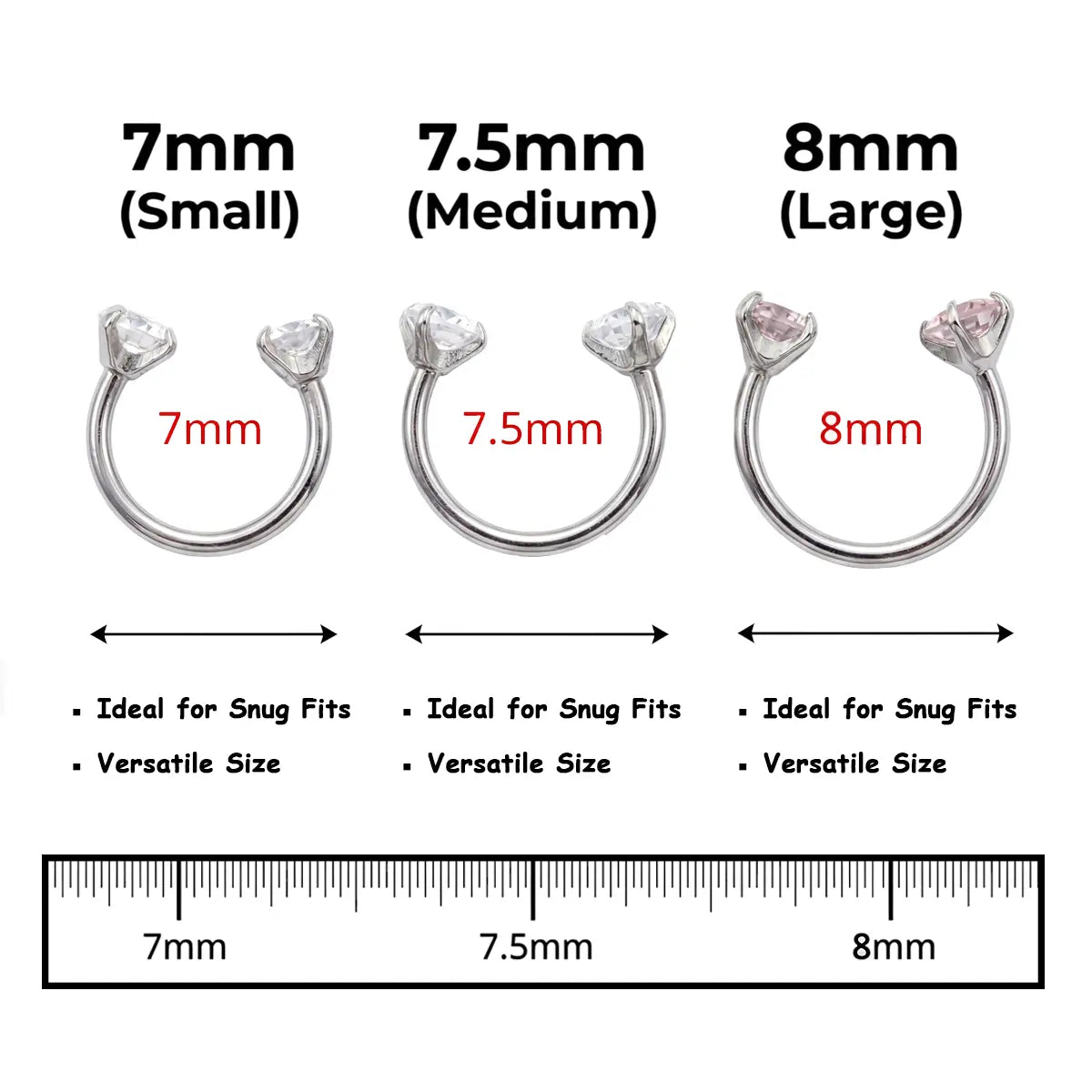 2pcs Titanium 18G/20G Horseshoe Nose Ring 7.5mm Inner Diameter Body Piercing Zircon 3mm Barbell Jewelry with Free Gem Picker Tool | Caution: Avoid Overtightening; Pre-Tighten with Provided Tool then Complete Tightening by Hand