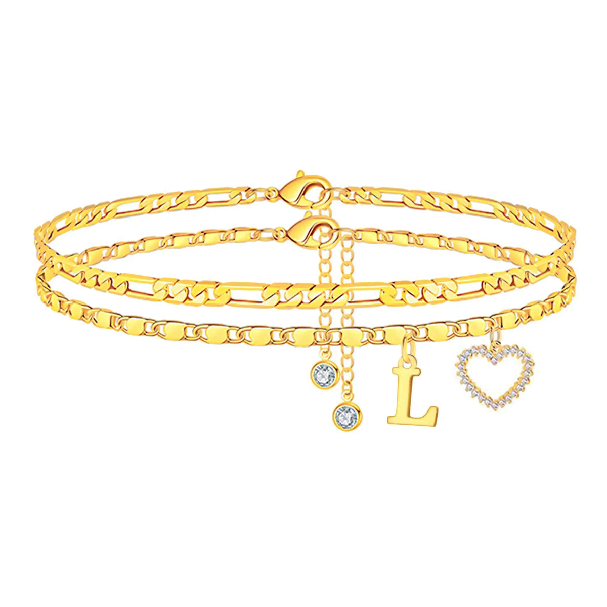Women's Personalized Initial Alphabet Theme Anklet - Double Layer Gold Metal Coating Heart Charm, Adjustable Dainty Minimalist Stackable Chain, Aesthetic Alt Fashion Jewelry, Holiday Gift Idea, Fashion Accessories