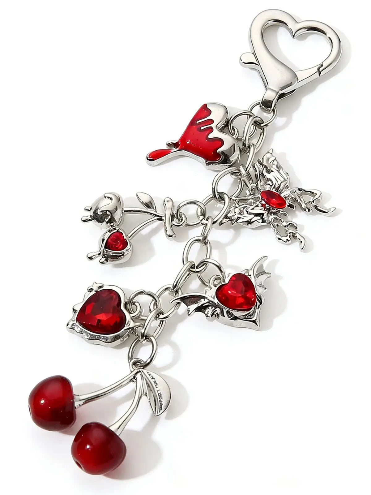 Retro punk style practical texture cherry bag hanging, cherry shape+heart-shaped wing decoration, chain design, heart-shaped buckle, can be used as bag hanging and keychain, exquisite and fashionable, Bag Charm Keychain, Bag Pendant, Bag Accessory