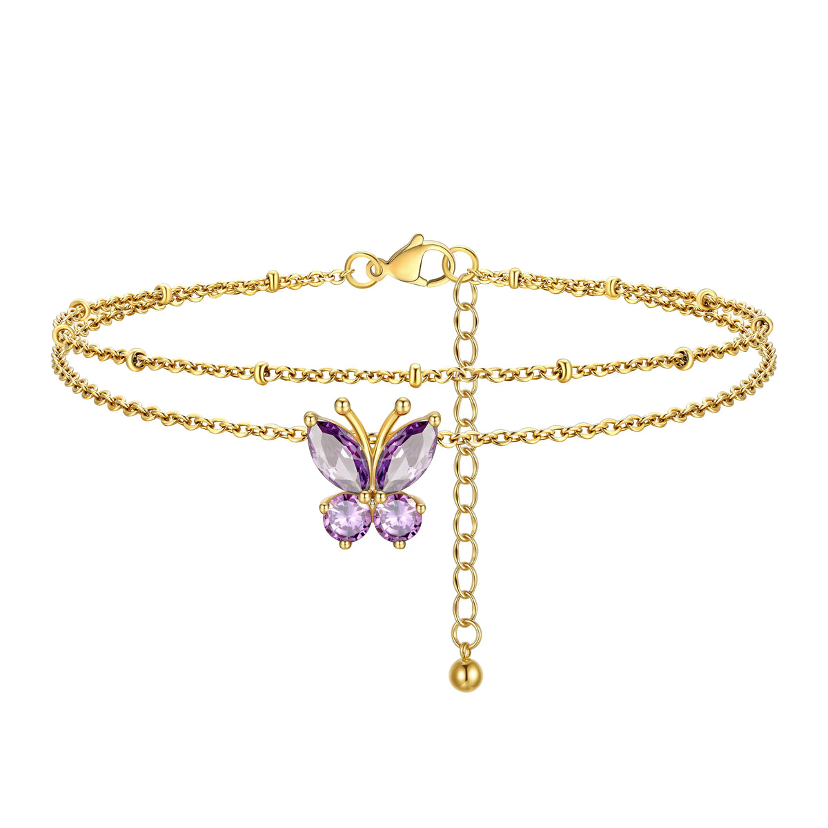 FindChic Women's Trendy Fashionable Accessories 2-Layered Non-Tarnish Tarnish-Proof Butterfly Birthstone Anklet, Zircon-Inlaid Cubic Zirconia Bling Jewellery for Adults, Summer Beach Daily Gift Ankle Bracelet