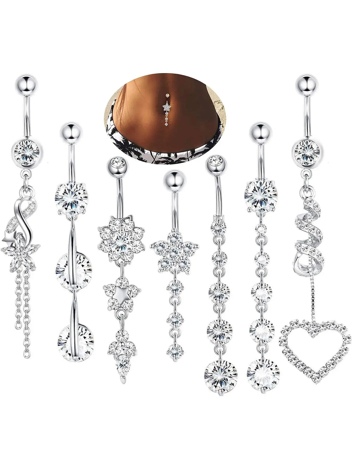 Women's Elegant Rhinestone Flower and Heart Belly Rings, Exquisite Trendy Belly-Piercing Jewelry for Party and Everyday Wear, Fashion Body Jewelry, Body Jewellery
