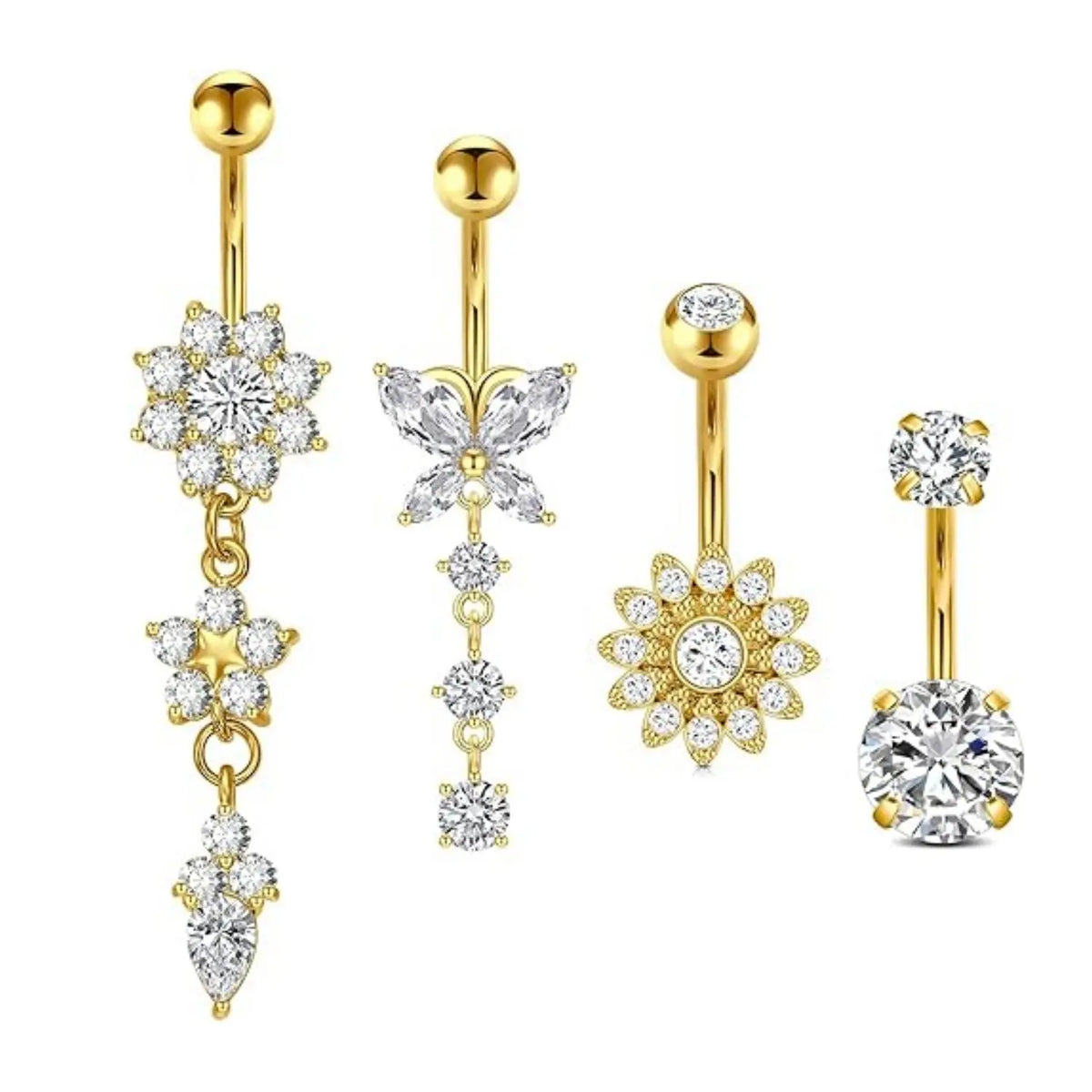 Belly Button Rings 4/5/8-Piece Stainless Steel Dangle Set - 14g Heart Design, Easy Screw On, Multiple Styles Navel Piercing Accessories