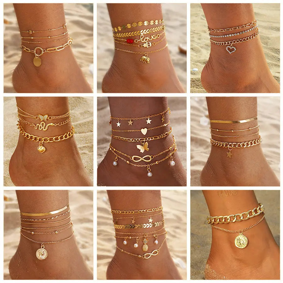 Female Women's Layered Gold Nylon Anklets Set - Retro Coin, Star, Butterfly Heart, Boho Pearl, Infinity Pendant Fashion Chic Accessories, Trendy Wearable Jewelry, Elegant Beach Summer Holiday Gift