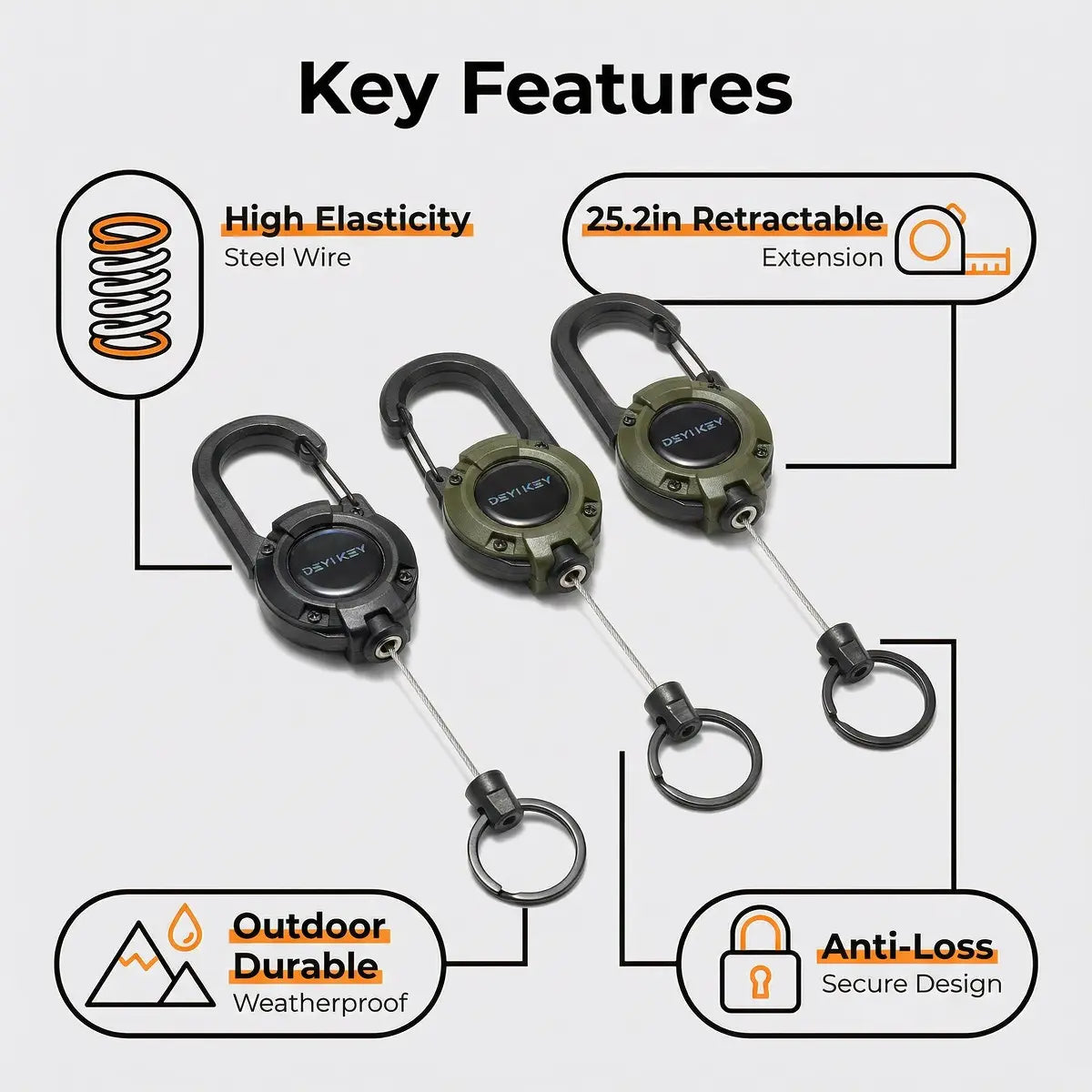 Unisex Retractable Carabiner Keychain Accessory - 64cm Steel Wire Cable, Heavy-Duty Anti-Loss Security Tool, Clip-On Belt Clip, Chain-Attached EDC for Sports, Outdoor Activities