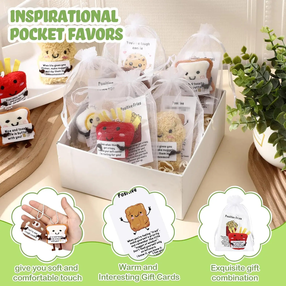 30 Sets Mini Plush Food Keychains with Motivational Pun Gift Cards - 10/24/30 Pack Mini Gifts, Inspirational Backpack Charms, Organza Bag-Included Pocket Favors, Classroom Rewards, Composition Notebook-Friendly Coworker Party Supplies, Cookie