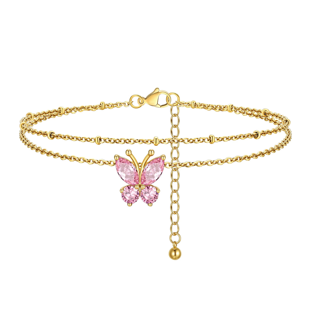 FindChic Women's Trendy Fashionable Accessories 2-Layered Non-Tarnish Tarnish-Proof Butterfly Birthstone Anklet, Zircon-Inlaid Cubic Zirconia Bling Jewellery for Adults, Summer Beach Daily Gift Ankle Bracelet