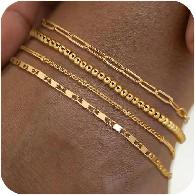 TEWIKY Waterproof Ankle Bracelets for Women,  Women 6PCS Thiny Herringbone Box Paperclip Figaro Cuban Link Anklet Set Dainty Gold Jewelry for Women Cute Summer Beach Jewelry For Valentine's Day gifts Gold Plated