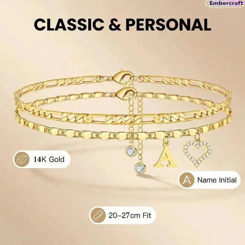 Women's Personalized Initial Alphabet Theme Anklet - Double Layer Gold Metal Coating Heart Charm, Adjustable Dainty Minimalist Stackable Chain, Aesthetic Alt Fashion Jewelry, Holiday Gift Idea, Fashion Accessories