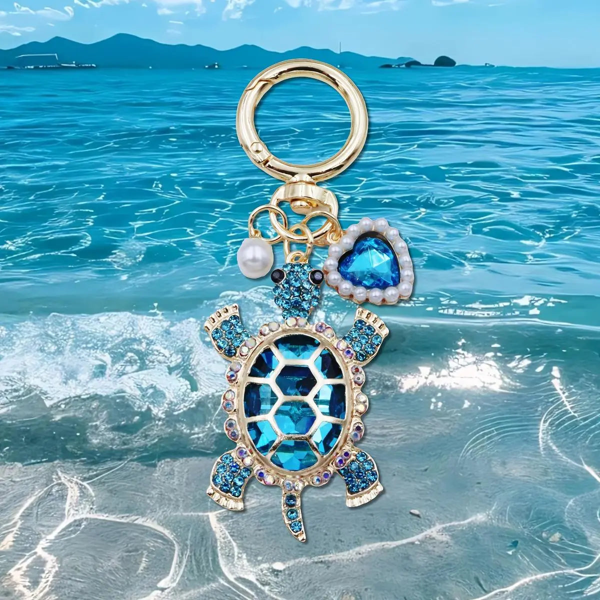 Women's Enameled Metal Cutecore Ocean Theme Charm Keychain - Kawaii Turtle Accessory with Pearl Accents, Bag Chain, Summer Beach Outfit Accent, Gifts for Women, Beachy Gift Idea