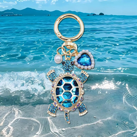 Women's Enameled Metal Cutecore Ocean Theme Charm Keychain - Kawaii Turtle Accessory with Pearl Accents, Bag Chain, Summer Beach Outfit Accent, Gifts for Women, Beachy Gift Idea