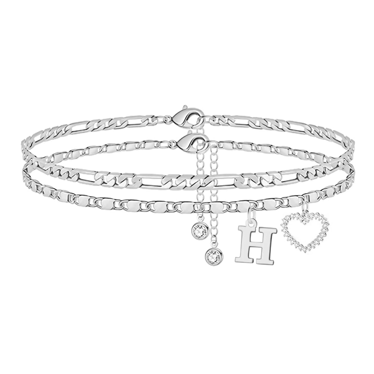 Women's Personalized Initial Alphabet Theme Anklet - Double Layer Gold Metal Coating Heart Charm, Adjustable Dainty Minimalist Stackable Chain, Aesthetic Alt Fashion Jewelry, Holiday Gift Idea, Fashion Accessories