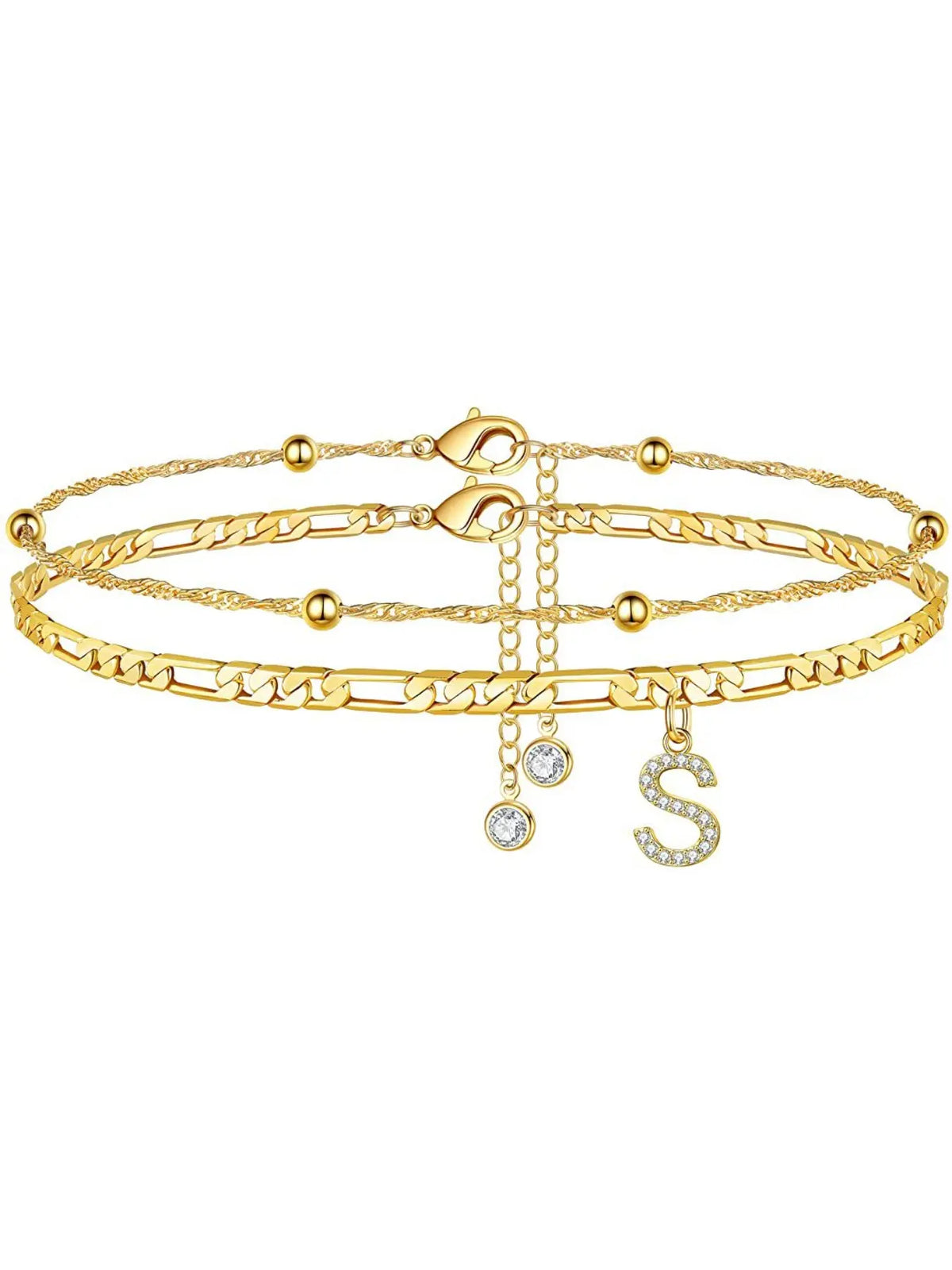 Ladies' ankle bracelet, exquisite layered chain CZ initials ankle chain, Anklets, summer jewelry gift, Elegant Accessory;Adjustable design, very suitable for women. It is a must-have item for summer and an ideal Valentine's Day gift.