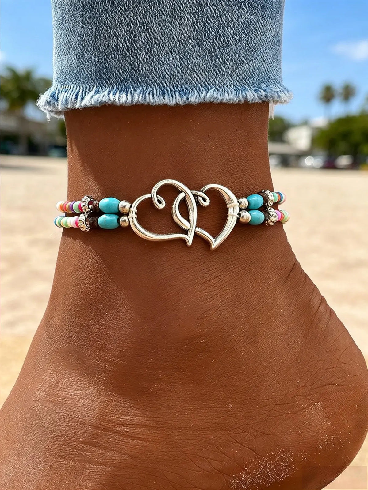 3PCS/Set Boho Anklet & Bracelet Combo, Turquoise & Shell Beads, Double Heart Accent, Thoughtful Gift for Her, Perfect for Summer, Birthdays & Boho Lovers, Lightweight & Comfortable, Ideal for Daily Wear, Vacation & Summer Outfits