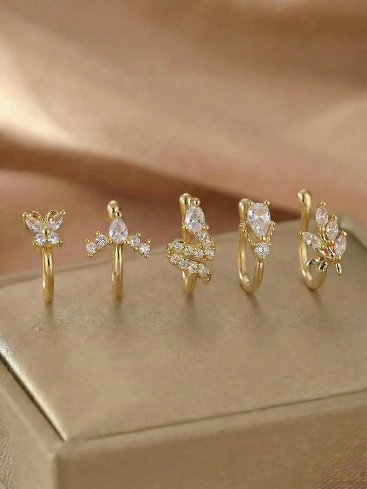 5 Piece Vintage Body Jewelry Synthetic Zircon Nose Rings Set, Butterfly Snake Arrow Geometric Design, No Piercing Needed, Perfect for Daily Wear, Sparkling Zircon Inlay, Body Jewellery