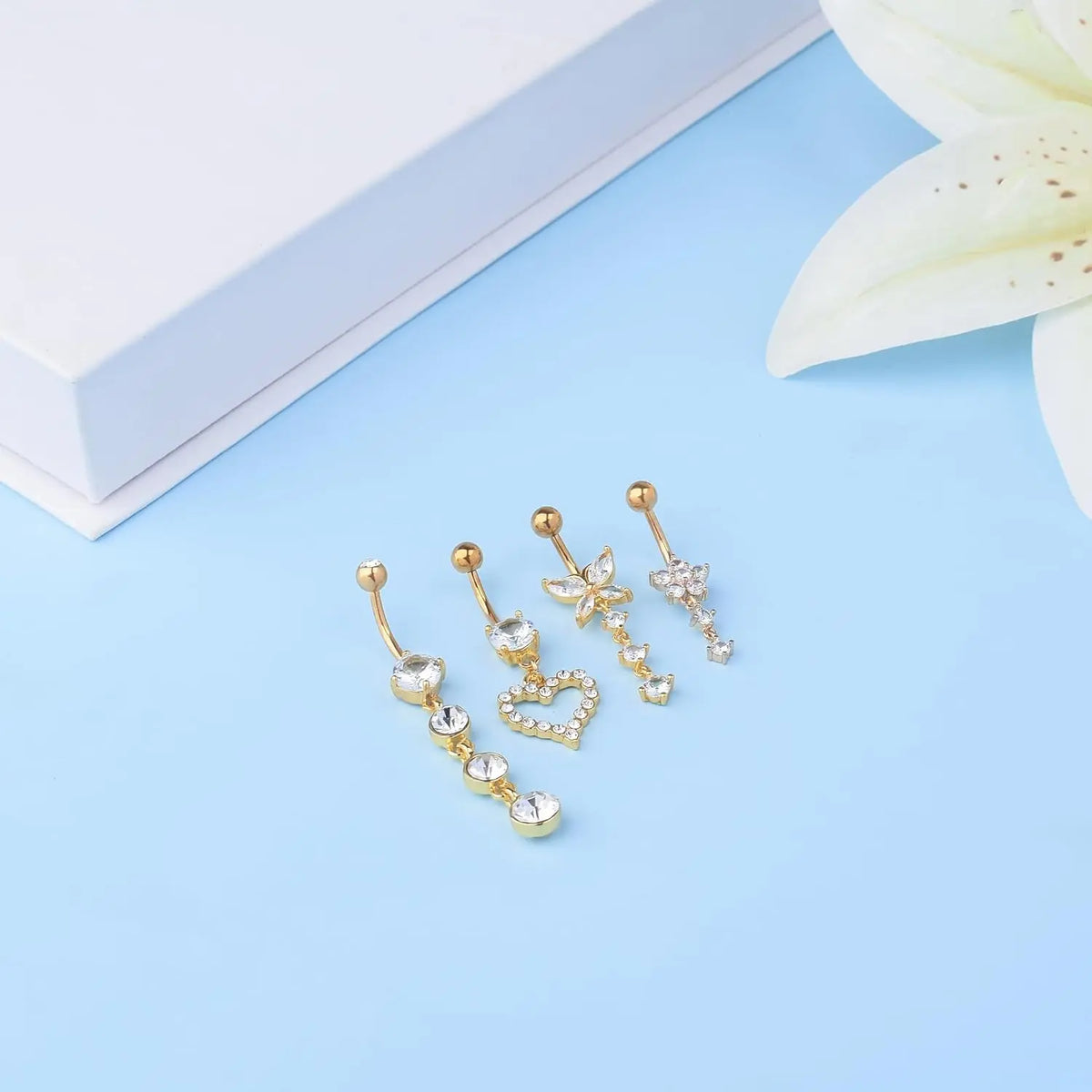 Belly Button Rings 4/5/8-Piece Stainless Steel Dangle Set - 14g Heart Design, Easy Screw On, Multiple Styles Navel Piercing Accessories