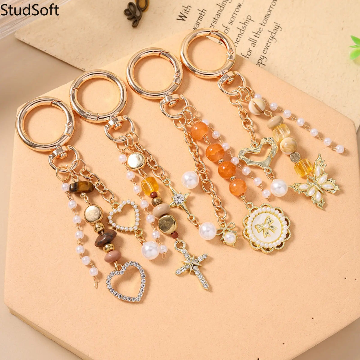 Beaded Wristband Keychain for Women, Funky Purse & Bag Charm with Butterfly, Heart, Cross, and Disc Pendants, Funky Unique Accessories, Cross Heart Disc, Multi-Pendant, Love, Whimsy, Charmful