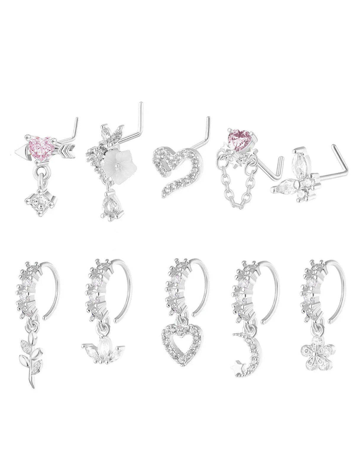 8/10/20 Pieces 20g Dangle Nose Ring, Nose Rings L Shaped, L-Shaped Hanging Stud, Stainless Steel, Cz Flower Pendant, Women's Nose Jewelry, All Seasons