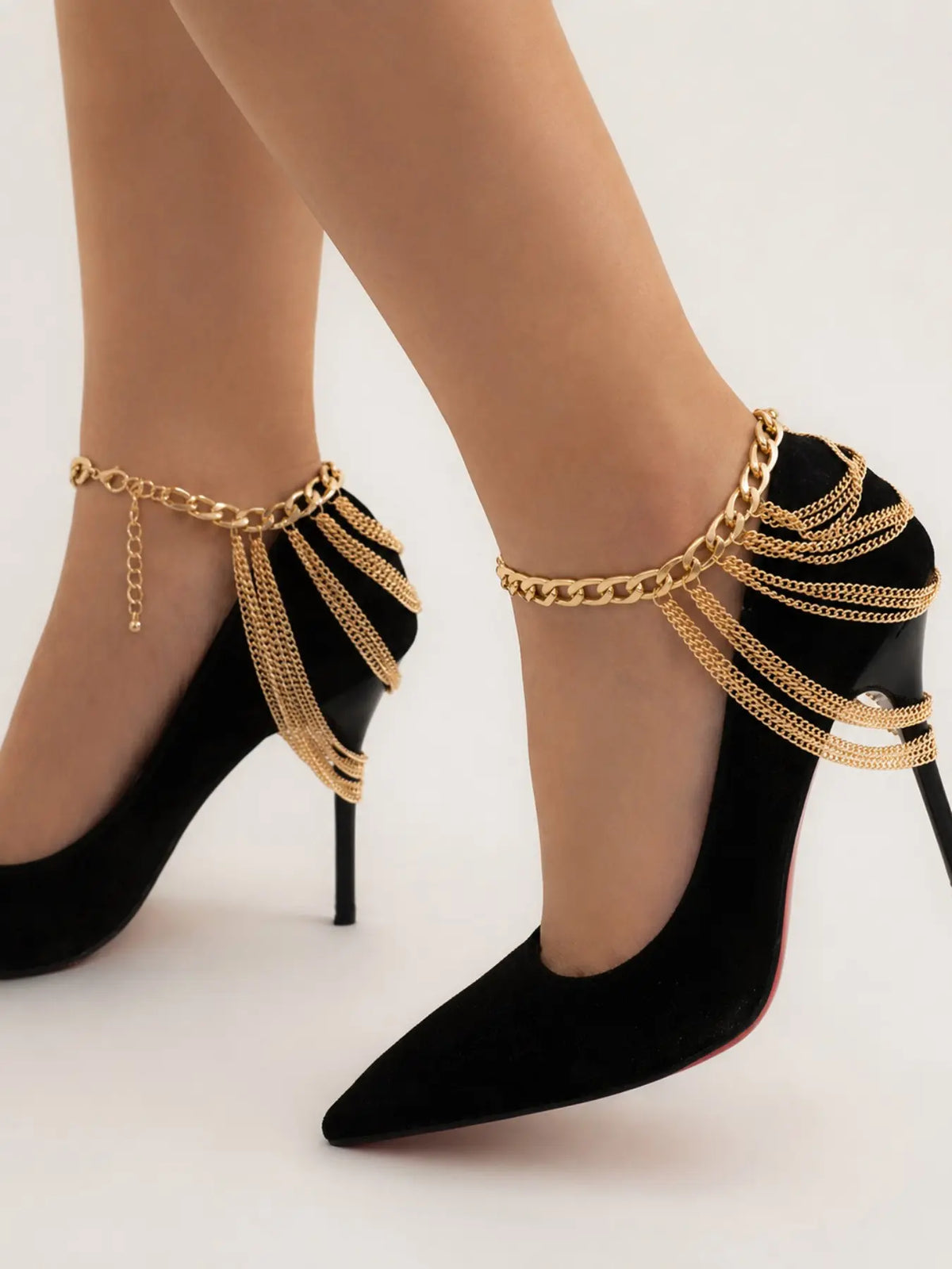 1 Pair Women Layered Tassel Shoe Ankle Chains, Anklets Metal Look High Heel Foot Jewelry Accessories Fashionable Accessory in Gold Silver Black