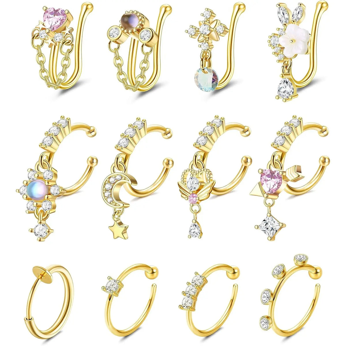 Adjustable Fake Piercings Set, 12-16Pcs Stainless Steel Non-Piercing Jewelry - Gold/Silver CZ Dangle Nose Cuffs, Hoop Clips for Women - Cartilage Tragus Nose Clips