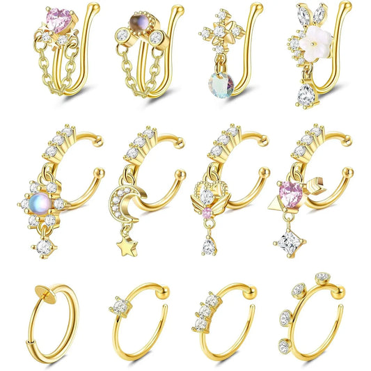 Adjustable Fake Piercings Set, 12-16Pcs Stainless Steel Non-Piercing Jewelry - Gold/Silver CZ Dangle Nose Cuffs, Hoop Clips for Women - Cartilage Tragus Nose Clips