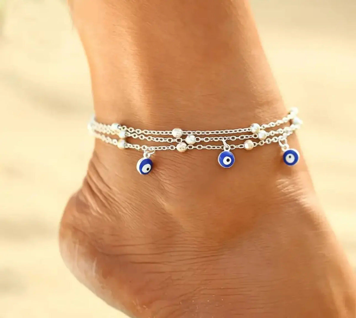 3 Layered Anklet with Evil Eye Charms for Women