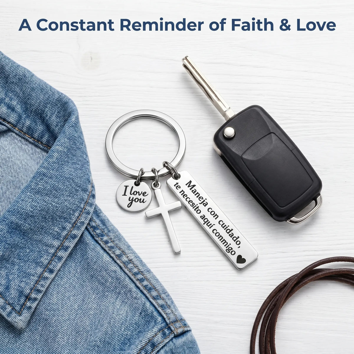 Maneja Con Cuidado Te Necesito Aquí Conmigo Keychain with Cross & "I Love You" Charm, Spanish Drive Safe Stainless Steel Keyring, Romantic Religious Gift for Him/Her Adjustable Heart Rate Couples Bracelet Set Rotating Retractable Reading Badge Holder-MM1