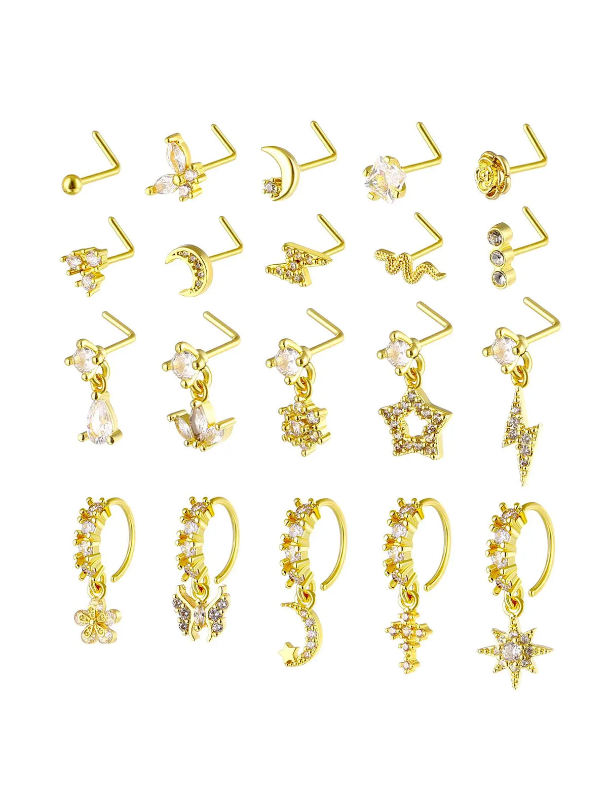 8/10/20 Pieces 20g Dangle Nose Ring, Nose Rings L Shaped, L-Shaped Hanging Stud, Stainless Steel, Cz Flower Pendant, Women's Nose Jewelry, All Seasons